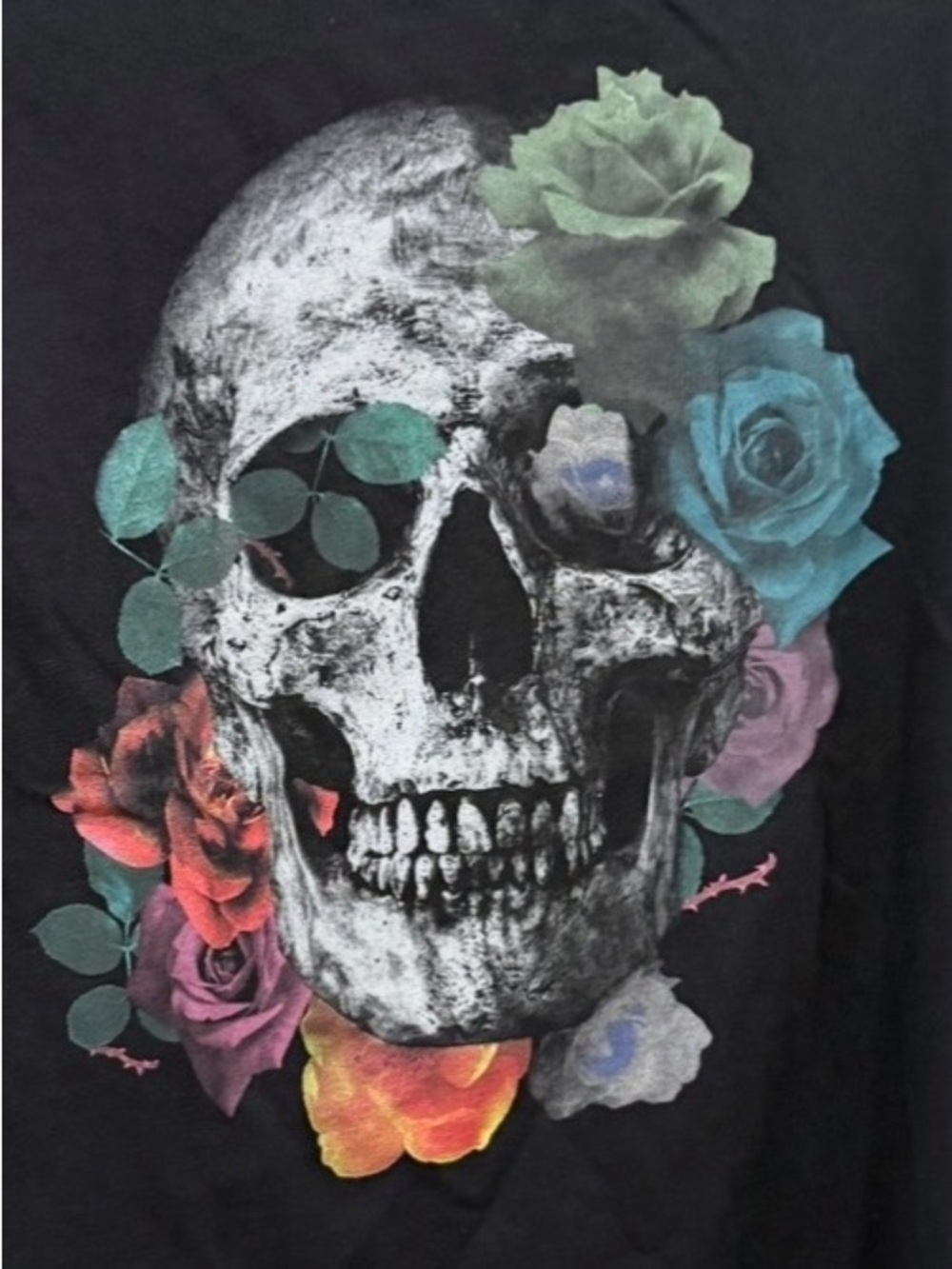 GUESS SKULL COLORFUL ROSES T-SHIRT BLACK GOTHIC Artistic Graphic Short Sleeve